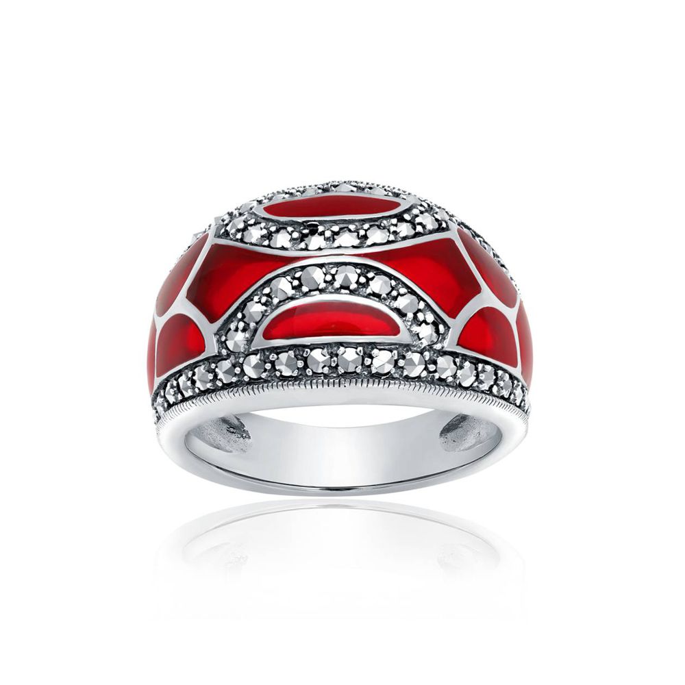 Red Enamel and Marcasite 10-window Ring - Click Image to Close